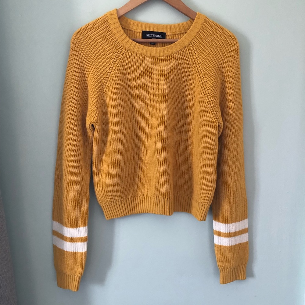 Kittenish gold yellow ivory stripe varsity sweater cotton LARGE
